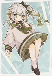 Rule 34 | 1girl, absurdres, artist name, black bow, bow, braid, child, cross-shaped pupils, dress, earrings, frilled dress, frills, full body, genshin impact, gradient hair, green bow, green eyes, green hair, green neckerchief, green sailor collar, hair bow, highres, jewelry, komerina, lace-trimmed collar, lace-trimmed sailor collar, lace trim, leaf earrings, loafers, long hair, long sleeves, multicolored hair, nahida (genshin impact), neckerchief, pointy ears, puffy long sleeves, puffy sleeves, sailor collar, sailor dress, school uniform, serafuku, shoes, side braid, side ponytail, socks, solo, symbol-shaped pupils, white dress, white hair, white socks