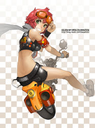 Rule 34 | 1girl, armband, belt, checkered background, from behind, goggles, goggles on head, green eyes, grin, kkuem, midriff, motor vehicle, motorcycle, original, red hair, scarf, short hair, shorts, smile, solo, vehicle