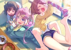 Rule 34 | 3girls, :d, ahoge, all fours, anger vein, aqua hoodie, arms up, ass, ayataka, bare legs, barefoot, blue shorts, blush, bowl, brown hair, cellphone, child, chopsticks, closed eyes, fang, feet, food, foot out of frame, foot up, frilled shorts, frills, full body, hair ornament, hairclip, highres, holding, hood, hood down, indoors, legs, long hair, long sleeves, lying, medium hair, multiple girls, nail polish, on stomach, one side up, open mouth, original, parted bangs, phone, pink hair, pink nails, pink socks, pointing, purple eyes, purple hair, removing legwear, shadow, shirt, short shorts, shorts, sitting, sitting on person, skin fang, smartphone, smile, socks, striped clothes, striped socks, tatami, teeth, thighs, toenails, toes, twintails, twitter username, white shorts, white socks, yellow shirt