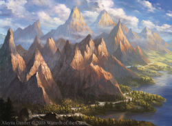 Rule 34 | alayna danner, artist name, blue sky, cloud, cloudy sky, commentary, day, english commentary, forest, highres, landscape, magic: the gathering, mountain, nature, no humans, ocean, official art, river, scenery, sky, valley, watermark