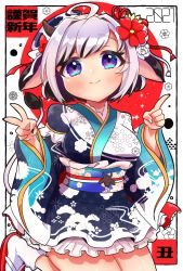Rule 34 | 1girl, 2021, ahoge, animal ears, black hair, blue eyes, breasts, chinese zodiac, colored inner hair, cow ears, cow girl, cow horns, cow tail, flower, hair flower, hair ornament, highres, horns, index finger raised, japanese clothes, kimono, medium breasts, multicolored hair, original, sakuramochi (sakura frappe), seiza, short kimono, silver hair, sitting, smile, solo, tail, two-tone hair, v, wide sleeves, year of the ox