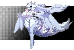 Rule 34 | 1girl, black background, black border, blue eyes, blue fur, blue hair, blue skin, blue wings, body fur, border, breasts, claws, closed mouth, collarbone, colored skin, creatures (company), dragon girl, female focus, furry, furry female, fusion, game freak, gardevoir, gen 3 pokemon, gen 5 pokemon, gradient background, hair over one eye, hands up, highres, huge breasts, lazy ant, legendary pokemon, letterboxed, long hair, navel, nintendo, one eye covered, outline, outside border, pokemon, pokemon (creature), reshiram, simple background, solo, stomach, tail, thick thighs, thighs, very long hair, white outline, wide hips, winged arms, wings