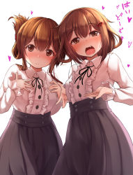 Rule 34 | 2girls, absurdres, alternate costume, backlighting, black skirt, blouse, blush, breasts, brown eyes, brown hair, center frills, closed mouth, collared shirt, frilled shirt, frills, hair between eyes, hair ornament, hairclip, highres, ikazuchi (kancolle), inazuma (kancolle), kantai collection, long skirt, long sleeves, looking at viewer, medium hair, meme attire, multiple girls, nicoby, open mouth, shirt, short hair with long locks, simple background, skirt, small breasts, white background, white shirt