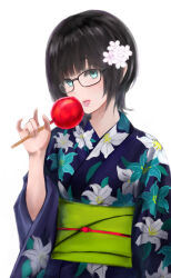 Rule 34 | 1girl, akito1218, black hair, blue eyes, blue kimono, candy apple, floral print, flower, food, glasses, hair flower, hair ornament, highres, holding, holding food, japanese clothes, kimono, long sleeves, looking at viewer, obi, original, sash, short hair, simple background, solo, tongue, tongue out, upper body, white background, white flower, yukata