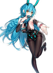 Rule 34 | 1girl, animal ears, azur lane, bare shoulders, black footwear, black leotard, black pantyhose, black sleeves, blue hair, boise (azur lane), boise (sheepish sapphire) (azur lane), braid, breasts, commentary request, covered mouth, detached sleeves, fake animal ears, feet out of frame, hair between eyes, hand up, headgear, holding, holding own hair, large breasts, leotard, long hair, long sleeves, looking at viewer, md5 mismatch, official alternate costume, outstretched arm, pantyhose, playboy bunny, rabbit ears, resolution mismatch, ririko (zhuoyandesailaer), shoes, single braid, solo, source smaller, standing, standing on one leg, thighband pantyhose, very long hair, yellow eyes