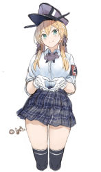 Rule 34 | &gt;:), 1girl, absurdres, aqua eyes, black skirt, black thighhighs, blonde hair, closed mouth, collared shirt, cropped legs, feet out of frame, gloves, grey hat, hair between eyes, hat, highres, kantai collection, long hair, low twintails, peaked cap, plaid, plaid skirt, pleated skirt, prinz eugen (kancolle), ryo (tg290), shirt, skirt, smile, solo, thighhighs, twintails, twitter username, v-shaped eyebrows, white gloves, white shirt