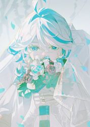 Rule 34 | 1girl, ahoge, blue eyes, blue hair, bridal veil, bride, chromatic aberration, dress, elbow gloves, flower, furina (genshin impact), genshin impact, gloves, hair between eyes, highres, holding, holding flower, jewelry, light blue hair, looking at viewer, multicolored hair, red flower, red rose, ring, rose, sidelocks, solo, streaked hair, two-tone hair, upper body, veil, wedding dress, white dress, white flower, white gloves, white hair, white rose, zhuqugeyuan