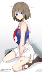 Rule 34 | 1girl, a.a (aa772), bare arms, bare shoulders, between legs, blue eyes, blue shirt, blush, brown hair, brown socks, closed mouth, gradient background, grey background, hair between eyes, hand between legs, headgear, highres, kantai collection, kneehighs, looking at viewer, maya (kancolle), neckerchief, no shoes, pleated skirt, red neckwear, sailor collar, school uniform, serafuku, shirt, short hair, skirt, sleeveless, sleeveless shirt, socks, solo, torn clothes, torn legwear, torn neckerchief, torn shirt, torn skirt, torn socks, twitter username, undone neckerchief, white background, white sailor collar, white skirt