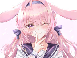 Rule 34 | 1girl, ;), animal ears, blush, bow, braid, closed mouth, collarbone, commentary request, copyright request, frilled sailor collar, frills, habu rin, hair between eyes, hair bow, hairband, hand up, highres, long hair, looking at viewer, one eye closed, pink hair, purple background, purple bow, purple eyes, purple hairband, purple sailor collar, rabbit ears, sailor collar, shirt, smile, solo, upper body, virtual youtuber, white shirt