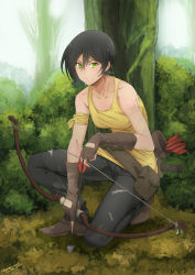 Rule 34 | 1girl, arrow (projectile), bad id, bad pixiv id, bare shoulders, black hair, bow (weapon), bush, collarbone, denim, fingerless gloves, gloves, grass, green eyes, highres, jeans, kneeling, on one knee, original, outdoors, pants, quiver, shoes, short hair, solo, stormcow, tank top, torn clothes, torn jeans, torn pants, tree, weapon