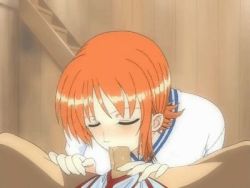 Rule 34 | 1boy, 1girl, animated, animated gif, blush, breasts, cum, cum in mouth, ejaculation, erection, fellatio, gokkun, hetero, hitsuki, large breasts, lowres, nami (one piece), one piece, oral, orange hair, penis, swallowing, uncensored