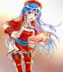 Rule 34 | 1girl, bare shoulders, black pantyhose, blue eyes, blue hair, blush, book, boots, breasts, capelet, cleavage, cowboy shot, dress, fingerless gloves, fire emblem, fire emblem: the binding blade, fire emblem heroes, gloves, glowing, hat, jewelry, lilina (fire emblem), long hair, looking at viewer, medium breasts, nintendo, open mouth, pantyhose, ring, smile, solo, standing, thigh boots, thighhighs, yuki (sumaburalove)