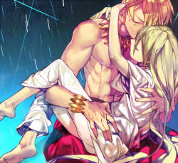 Rule 34 | 2boys, abs, androgynous, barefoot, blonde hair, bracelet, carrying, closed eyes, earrings, enkidu (fate), fate/stay night, fate/strange fake, fate (series), feet, gilgamesh (fate), green hair, jewelry, long hair, male focus, multiple boys, muscular, necklace, princess carry, rain, robe, shishio (shishio5431), tears, topless male