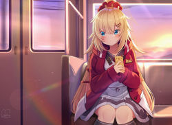 Rule 34 | 1girl, akai haato, akai haato (casual), blonde hair, blue eyes, blush, dress, feet out of frame, haaton (akai haato), hair between eyes, hair ornament, hair ribbon, hairclip, heart, heart-shaped pupils, heart hair ornament, high ponytail, highres, holding, holding phone, hololive, jacket, light particles, long hair, long sleeves, looking away, magowasabi, nail polish, open clothes, open jacket, phone, ponytail, red-framed eyewear, red jacket, red nails, ribbon, sideways glance, signature, sitting, sky, solo, symbol-shaped pupils, train interior, twitter username, very long hair, virtual youtuber, white dress, window