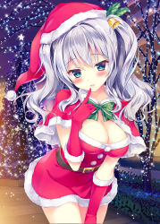 Rule 34 | 10s, 1girl, bad id, bad pixiv id, blue eyes, blush, breasts, christmas, cleavage, female focus, gloves, hat, highres, kantai collection, kashima (kancolle), kimishima ao, large breasts, long hair, looking at viewer, open mouth, santa costume, santa hat, silver hair, smile, solo, tsurime, twintails, wavy hair