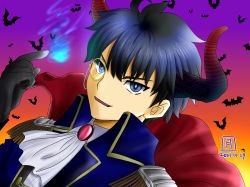 Rule 34 | 1boy, bat (animal), black gloves, black hair, blue eyes, blue fire, cape, cosplay, demon boy, demon horns, evil smile, fire, glasses, gloves, glowing, glowing eyes, halloween, highres, horns, long sleeves, melty blood, melty blood: type lumina, monocle, monocle chain, multiple horns, mystic eyes of death perception, purple horns, red cape, red horns, short hair, smile, sorano tsukiyo, tohno shiki, tsukihime, tsukihime (remake)