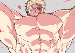 Rule 34 | 1boy, abs, arms at sides, bara, blonde hair, blood, boku no hero academia, completely nude, from below, large pectorals, male focus, muscular, muscular (boku no hero academia), muscular male, nipples, nude, pectorals, scar, scar across eye, scar on face, short hair, solo, stomach, yazaki (yazakc)