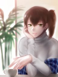 Rule 34 | 10s, 1girl, alternate costume, blurry, brown hair, head rest, cup, depth of field, kaga (kancolle), kantai collection, lips, looking at viewer, ribbed sweater, short hair, shoukaki (earthean), side ponytail, solo, steam, sweater, teacup, turtleneck, upper body, yellow eyes