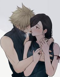 Rule 34 | 1boy, 1girl, bare arms, bare shoulders, black hair, black shirt, blonde hair, blush, grabbing another&#039;s breast, closed eyes, cloud strife, collarbone, commentary, couple, earrings, final fantasy, final fantasy vii, frown, grabbing, grey background, hetero, highres, hug, jewelry, long hair, looking at another, maiii (smaii i), open mouth, red eyes, ring, shirt, short hair, sleeveless, spiked hair, tifa lockhart, tongue, upper body, white background
