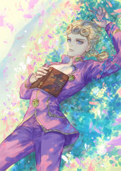 Rule 34 | 1boy, blonde hair, blue eyes, book, braid, field, flower, giorno giovanna, jojo no kimyou na bouken, kankito, looking at viewer, lying, male focus, on back, solo, vento aureo