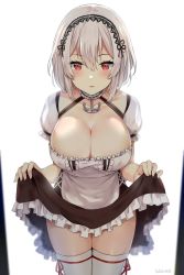 Rule 34 | 1girl, anchor, azur lane, blush, breasts, choker, cleavage, clothes lift, hair between eyes, hairband, highres, kaetzchen, lace-trimmed hairband, lace trim, large breasts, lifting own clothes, looking at viewer, open mouth, puffy sleeves, red eyes, short hair, short sleeves, sidelocks, simple background, sirius (azur lane), skirt, skirt lift, solo, thighhighs, white hair, white thighhighs