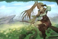 Rule 34 | 1girl, absurdres, asymmetrical legwear, belt, boots, branch, brown capelet, brown cloak, brown corset, brown eyes, brown hair, cape, capelet, cloak, cloud, cloudy sky, corset, feather hair ornament, feathers, field, gloves, grass, hair ornament, hand up, hieroglyphics, highres, hololive, hololive english, in tree, knee strap, kneehighs, lantern, lbkei, long hair, looking at viewer, mountainous horizon, multicolored hair, nanashi mumei, ponytail, red skirt, ribbon, rock, roots, shirt, single kneehigh, single sock, single thighhigh, sitting, sitting in tree, skirt, sky, socks, solo, streaked hair, thigh strap, thighhighs, tree, very long hair, virtual youtuber, white shirt