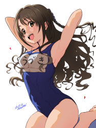 Rule 34 | 1girl, armpits, arms behind head, arms up, artist name, baba arumi, bare shoulders, barefoot, blue one-piece swimsuit, blush, braid, breasts, brown eyes, brown hair, character name, collarbone, dated, floating hair, heart, idolmaster, idolmaster cinderella girls, idolmaster cinderella girls starlight stage, long hair, looking at viewer, medium breasts, name tag, one-piece swimsuit, open mouth, school swimsuit, shimamura uzuki, simple background, smile, solo, swimsuit, teeth, twin braids, upper teeth only, white background