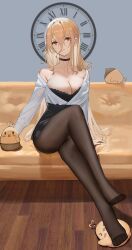 Rule 34 | 1girl, absurdres, analog clock, arm rest, azur lane, bare shoulders, bird, black bra, black choker, black pantyhose, black skirt, blonde hair, bra, breasts, choker, cleavage, clock, closed mouth, collarbone, couch, crossed legs, feet, full body, glasses, hair between eyes, highres, implacable (azur lane), implacable (shepherd of the &quot;lost&quot;) (azur lane), indoors, large breasts, legs, long bangs, long hair, long sleeves, looking at viewer, manjuu (azur lane), no shoes, off shoulder, official alternate costume, on couch, open clothes, open shirt, pantyhose, pencil skirt, rectangular eyewear, red eyes, roman numeral, shirt, sidelocks, sitting, skirt, smile, teacher, thighs, toes, underwear, veco, very long hair, white shirt, wooden floor