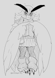 Rule 34 | 1girl, absurdres, animal feet, argyle, argyle clothes, argyle sweater, arkay (nerdbayne), blush, commentary, english commentary, full body, greyscale, hair between eyes, harpy, highres, huge eyebrows, leg warmers, long hair, looking at viewer, monochrome, monster girl, nerdbayne, nervous, original, owl girl, pantyhose, pleated skirt, scarf, sidelocks, simple background, skirt, solo, sweatdrop, sweater, talons, triangle mouth, twitter username, winged arms, wings