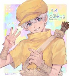 Rule 34 | 1boy, arrow (projectile), blue eyes, dated, dr. stone, hand up, hat, looking at viewer, male focus, quiver, saionji ukyou, shirt, short hair, short sleeves, smile, solo, twitter username, upper body, white hair, wrist cuffs, yellow hat, yellow shirt, yu (zatta13chan)