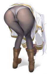 Rule 34 | 1girl, ass, ass focus, bent over, black pantyhose, boots, brown footwear, commentary request, crotch seam, elf, frieren, from behind, full body, grey hair, highres, holding, long hair, long sleeves, panties, panties under pantyhose, pantyhose, pointy ears, revision, simple background, solo, sousou no frieren, thighs, twintails, under shot, underwear, white background, white panties, yd (orange maru)