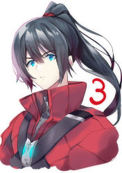 Rule 34 | 1boy, black hair, blue eyes, cropped torso, himeno345, jacket, male focus, noah (xenoblade), ponytail, red jacket, simple background, solo, white background, xenoblade chronicles (series), xenoblade chronicles 3
