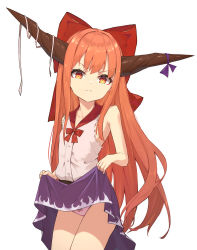 Rule 34 | 1girl, absurdres, bare shoulders, bow, closed mouth, clothes lift, cowboy shot, flat chest, frown, glaring, hair bow, highres, horns, ibuki suika, lifted by self, long hair, looking at viewer, oeyama, oni horns, orange eyes, orange hair, purple skirt, red bow, shirt, simple background, skirt, skirt lift, solo, torn clothes, touhou, very long hair, white background, white shirt