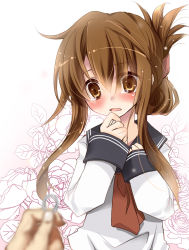 Rule 34 | 10s, 1girl, blush, brown eyes, brown hair, flower, folded ponytail, inazuma (kancolle), jewelry, kantai collection, nakahara (nico), open mouth, personification, pov, marriage proposal, ring, school uniform, serafuku, solo focus, tears