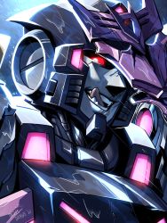Rule 34 | colored tongue, commentary, decepticon, english commentary, fangs, highres, licking lips, lina rojas, looking at viewer, mask, mecha, one eye covered, portrait, purple tongue, rain, red eyes, robot, science fiction, solo, tarn, the transformers (idw), tongue, tongue out, transformers