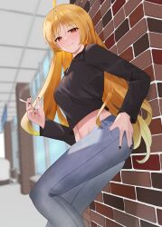Rule 34 | 1girl, against wall, ahoge, between fingers, black nails, black shirt, blonde hair, blue pants, blurry, blurry background, bocchi the rock!, breasts, brick wall, bureoeve, cigarette, closed mouth, commentary request, crop top, cropped shirt, denim, feet out of frame, fingernails, highres, holding, holding cigarette, ijichi seika, indoors, jeans, light smile, long fingernails, long hair, long sleeves, looking at viewer, medium breasts, midriff, nail polish, navel, pants, red eyes, shirt, smoke, solo, split mouth, standing, very long hair