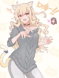 Rule 34 | 2girls, :d, ^ ^, animal background, animal ear fluff, animal ears, armpit crease, bell, black choker, blonde hair, blue bow, blush, blush stickers, bow, breasts, brown hair, cable knit, cat ears, cat girl, cat tail, chibi, chibi inset, chibinekopan, choker, claw pose, closed eyes, collarbone, collared shirt, commentary, cowboy shot, crossed bangs, fang, fingernails, flower (symbol), grey pants, grey sweater, hair between eyes, hair bow, hair ornament, hands up, heart, highres, jingle bell, kemonomimi mode, long hair, long sleeves, looking at viewer, medium breasts, multiple girls, neck bell, notice lines, o-ring, o-ring choker, off shoulder, open mouth, pants, parted bangs, pink eyes, red shirt, saijou claudine, shirt, shoujo kageki revue starlight, sidelocks, single bare shoulder, smile, speech bubble, spoken heart, standing, sweater, symbol-only commentary, tail, tail bow, tail ornament, tendou maya, translated, v-shaped eyebrows, wavy hair, x hair ornament, yellow background