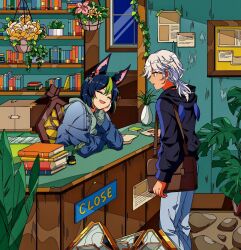 Rule 34 | 2boys, animal ears, black hair, blush, book, closed eyes, cyno (genshin impact), dark-skinned male, dark skin, facing another, flower, fox boy, fox ears, genshin impact, green hair, hanging flower, hanging plant, highres, library, looking at another, male focus, multicolored hair, multiple boys, open mouth, plant, red eyes, secretmirage, short hair, smile, tighnari (genshin impact), white hair