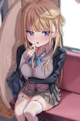 Rule 34 | 1girl, arm under breasts, bag, blonde hair, blue eyes, blush, bow, bowtie, breasts, cardigan, chigusa minori, commentary request, dress shirt, garter straps, half updo, hand in own hair, hand on own face, jacket, large breasts, long hair, looking at viewer, miniskirt, original, school bag, school uniform, shirt, sitting, skirt, solo, thighhighs, train interior, translation request, white thighhighs, zettai ryouiki