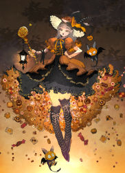 Rule 34 | 1girl, animal, black dress, boots, cookie, cross-laced footwear, demizu posuka, dress, food, grey hair, hat, highres, holding, holding wand, kneehighs, lace-up boots, lantern, long hair, looking at viewer, open mouth, orange eyes, original, pointy ears, smile, socks, solo, standing, upper body, wand, witch hat