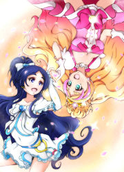 Rule 34 | 00s, 2girls, :d, arm warmers, blonde hair, blue eyes, blue hair, bow, brooch, choker, cure flora, cure white, eyebrows, frills, futari wa precure, gloves, go! princess precure, gradient hair, green eyes, hair bow, half updo, haruno haruka, heart, heart brooch, heart hands, heart hands duo, highres, jewelry, kaz (10916310), long hair, magical girl, multicolored hair, multiple girls, open mouth, pink bow, pink hair, pink skirt, precure, skirt, smile, streaked hair, symmetry, thick eyebrows, trait connection, two-tone hair, upside-down, very long hair, waist bow, white bow, white gloves, white skirt, yellow background, yukishiro honoka