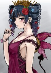 Rule 34 | 1girl, absurdres, black hair, black nails, blue eyes, blunt bangs, blush, breasts, cleavage, closed mouth, copyright name, crown, demon tail, dress, drill hair, expressionless, flower, grey background, hair flower, hair ornament, hand up, heart, heart tail, highres, lips, long hair, looking at viewer, love live!, love live! sunshine!!, medium breasts, napo8593, nose, playing with own hair, purple eyes, red dress, red flower, sideboob, sidelocks, simple background, sketch, solo, tail, tsushima yoshiko, twin drills, upper body