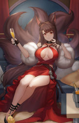 Rule 34 | 1girl, akagi (azur lane), akagi (ruby-laced beauty) (azur lane), akagi (ruby-laced beauty) (azur lane), alcohol, animal ears, azur lane, bad id, bad pixiv id, black choker, black footwear, black gloves, bottle, breasts, brown hair, champagne, champagne bottle, champagne flute, choker, cleavage, cup, dress, drinking glass, fingerless gloves, fox ears, fox tail, fur trim, gloves, highres, holding, holding cup, large breasts, legs, long hair, looking at viewer, manjuu (azur lane), multiple tails, official alternate costume, red dress, red eyes, sitting, smile, solo, tail, very long hair, vococo