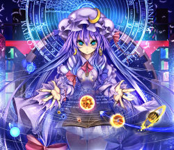 Rule 34 | 1girl, bare legs, blue eyes, book, bookshelf, bow, comet, crescent, earrings, eyelashes, feathers, female focus, fingernails, green eyes, hair bow, hat, hexagram, highres, jewelry, long hair, looking at viewer, magic circle, monikano, multicolored eyes, open book, patchouli knowledge, planet, puffy sleeves, purple hair, ring, skirt, solo, star of david, sun, sun symbol, thigh gap, touhou, very long hair, zodiac