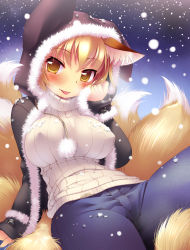 Rule 34 | 1girl, :p, alternate costume, animal ears, blonde hair, blush, breasts, casual, contemporary, denim, covered erect nipples, female focus, fox ears, fox tail, highres, hood, hoodie, ikuta takanon, jeans, large breasts, multiple tails, pants, ribbed sweater, short hair, smile, snow, solo, sweater, tail, tongue, tongue out, touhou, turtleneck, yakumo ran, yellow eyes