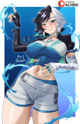 1girl achromaru artist_name bare_hips bare_legs belt black_hair black_jacket blue_background blue_eyes blue_panties blue_shirt blush breasts choker colored_eyelashes crescent earrings elbow_gloves gloves heterochromia highres ice jacket jewelry large_breasts luna_snow marvel marvel_rivals multicolored_hair navel orange_eyes panties patreon_logo shirt short_hair shorts smile snowflakes tongue tongue_out two-tone_hair underwear white_hair white_shorts