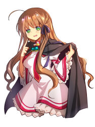 Rule 34 | 1girl, ahoge, aqua gemstone, black cape, black ribbon, blush, breasts, brown hair, cape, chinese commentary, commentary, cosplay, cowboy shot, crossed bangs, dress, eyes visible through hair, frilled dress, frilled sleeves, frills, green eyes, hair between eyes, hair ribbon, hair spread out, hands up, holding, holding cape, holding clothes, index finger raised, kanbe kotori, kazamatsuri institute high school uniform, lliissaawwuu2, long hair, long sleeves, looking at viewer, medium breasts, open mouth, pink dress, red ribbon, rewrite, ribbon, school uniform, senri akane, senri akane (cosplay), sidelocks, simple background, smile, smug, solo, standing, v-shaped eyebrows, very long hair, wavy hair, white background, wide sleeves