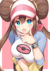 Rule 34 | 1girl, :o, black pantyhose, blue eyes, blush, bow, breasts, brown hair, creatures (company), double bun, game freak, hair between eyes, hair bun, hand on own chin, hat, highres, large breasts, leaning forward, long hair, looking at viewer, nintendo, open mouth, pantyhose, pantyhose under shorts, pink bow, pokemon, pokemon bw2, pokemon masters ex, raglan sleeves, rosa (pokemon), shiyo yoyoyo, short shorts, shorts, simple background, solo, stroking own chin, twintails, upper body, very long hair, visor cap, watch, wristwatch, yellow shorts