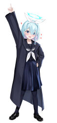 Rule 34 | 1girl, absurdres, arm up, arona (blue archive), black coat, black footwear, black pantyhose, black serafuku, blue archive, blue eyes, blue hair, blue halo, blue skirt, blush, braid, coat, colored inner hair, commentary request, cosplay, full body, hair over one eye, hair ribbon, hairband, halo, hand on own hip, highres, index finger raised, loafers, long sleeves, multicolored hair, neckerchief, neranainerune, open clothes, open coat, open mouth, pantyhose, pink hair, plana (blue archive), plana (blue archive) (cosplay), pleated skirt, ribbon, school uniform, serafuku, shoes, short hair, side braid, simple background, skirt, smile, solo, standing, white background, white hairband, white neckerchief, white ribbon