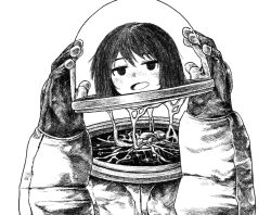 Rule 34 | 1girl, arms up, blush, disembodied head, fishbowl helmet, freckles, gloves, greyscale, highres, holding own head, jitome, kilsturgeon, looking at viewer, monochrome, open mouth, original, short hair, simple background, slime (substance), smile, solo, spacesuit, upper body